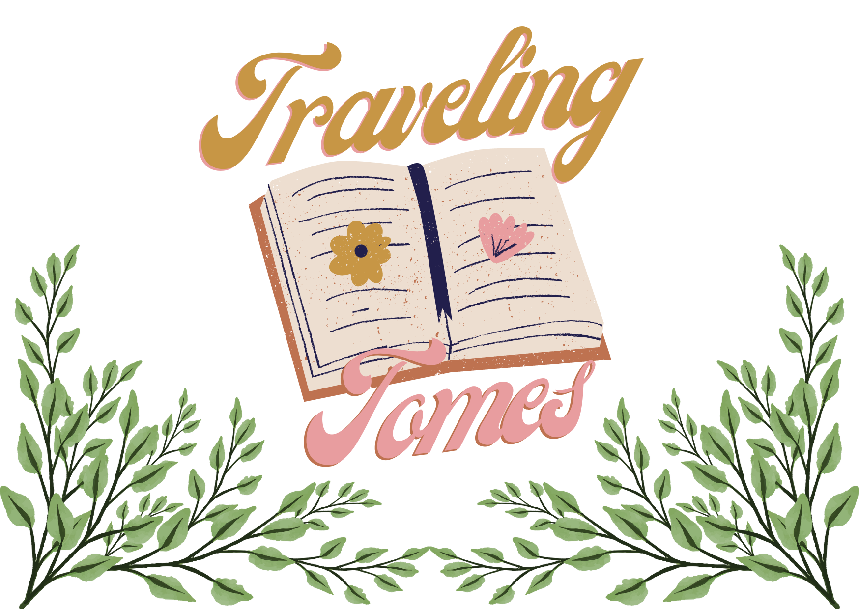 Logo of Travelling Tomes surrounded by a foliage frame